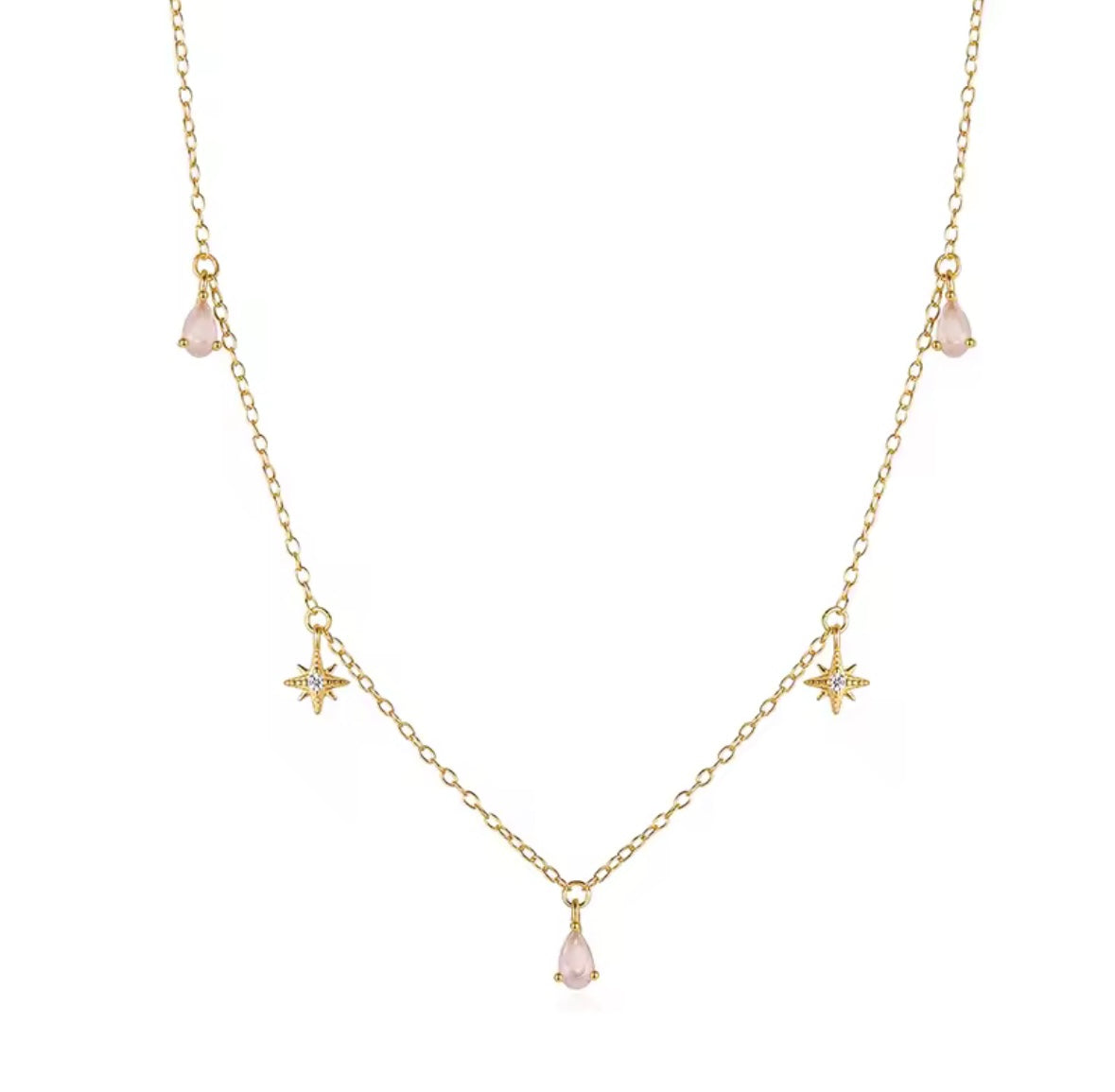 Light pink water drop and white crystal star gold necklace