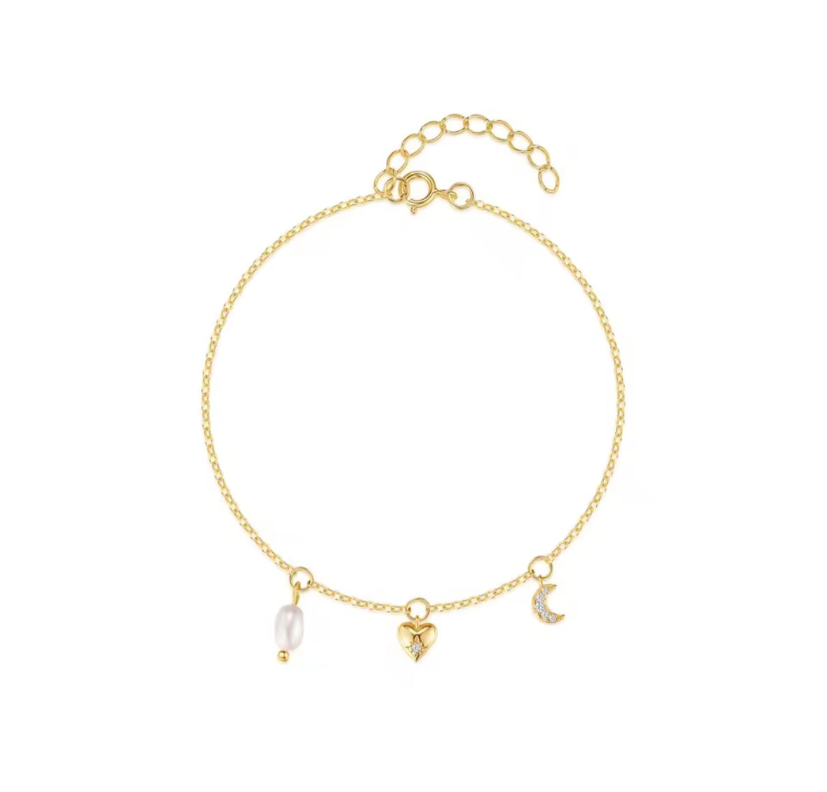 Double star and pearl charmed bracelet / pearl, heart and moon charmed bracelet