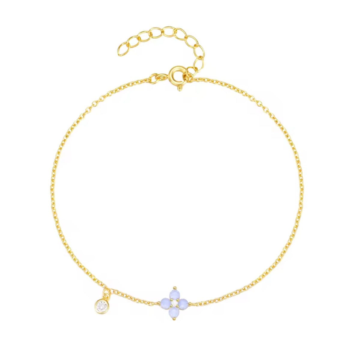 Flower and charm pendant gold bracelet