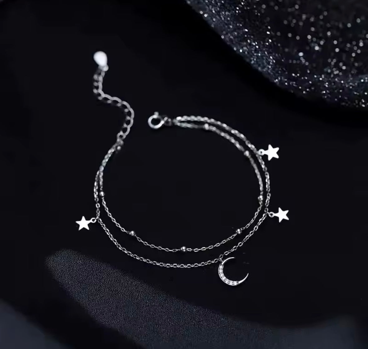 Silver star and moon balled chain bracelet