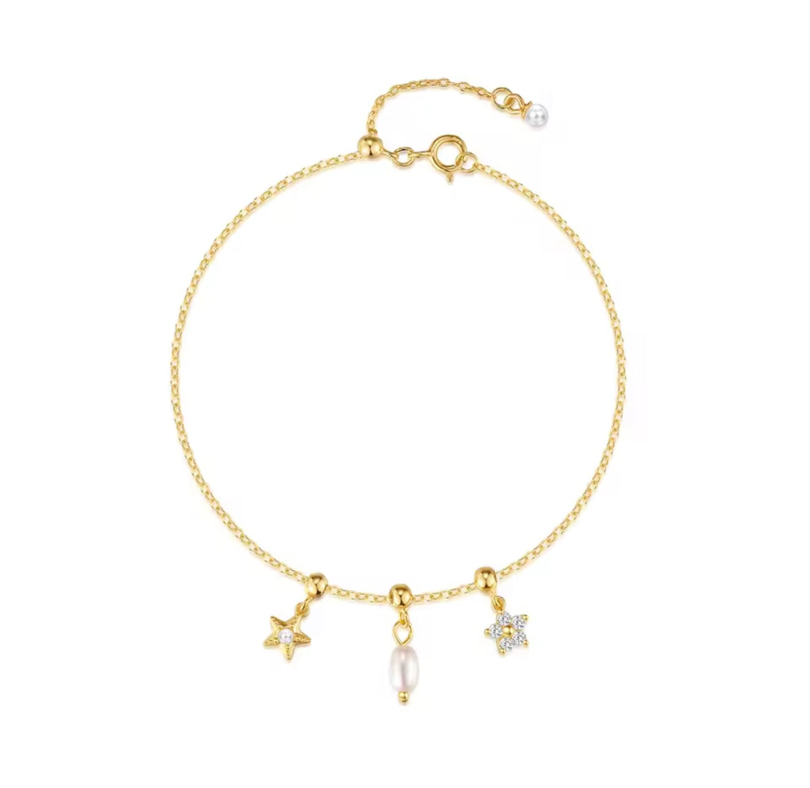 Double star and pearl charmed bracelet / pearl, heart and moon charmed bracelet
