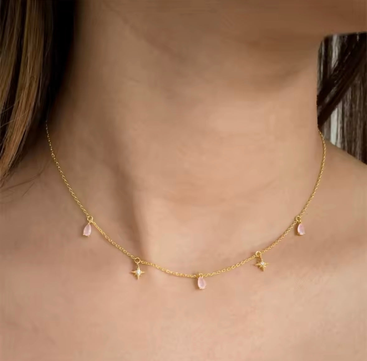Light pink water drop and white crystal star gold necklace
