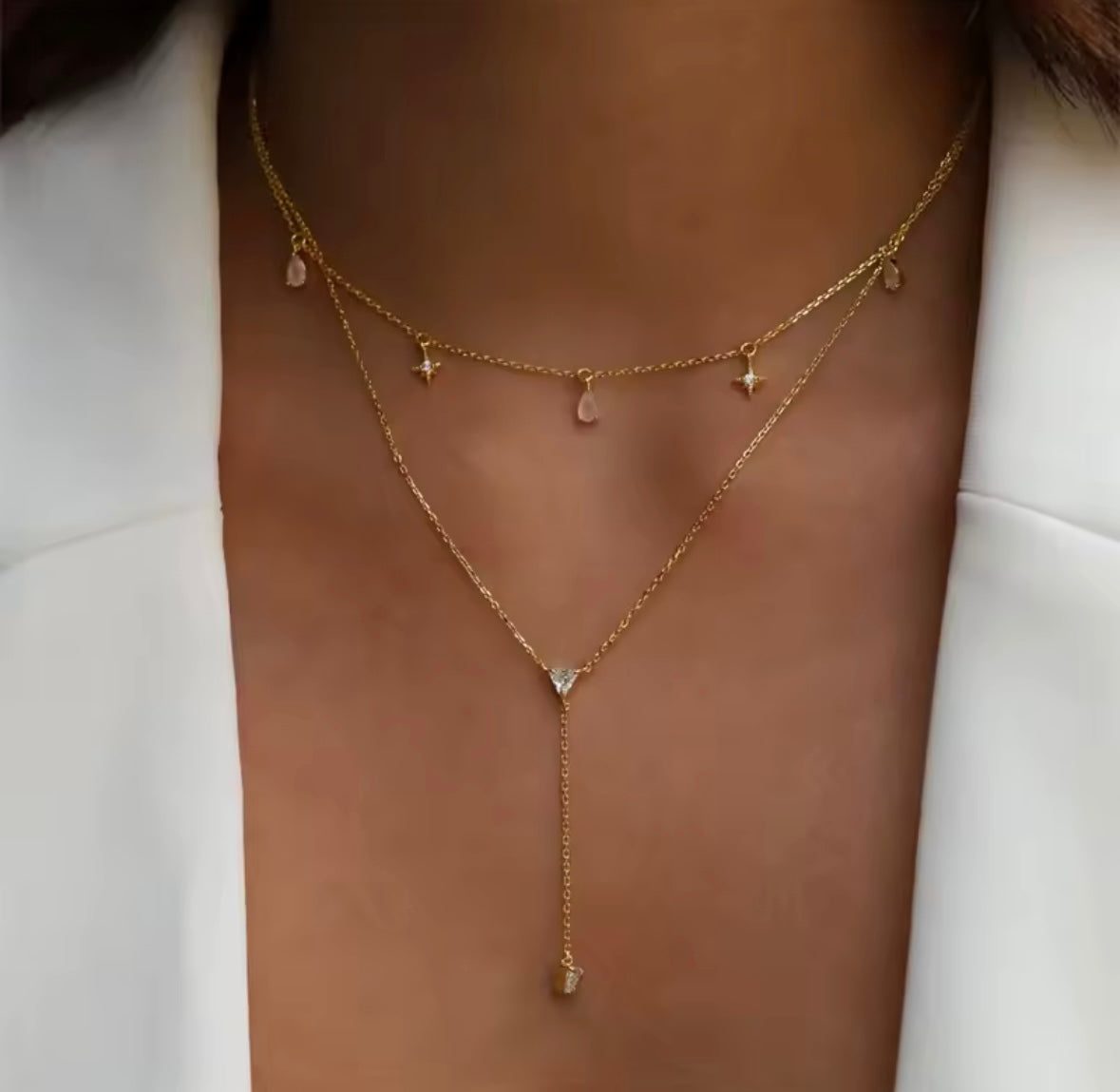 Light pink water drop and white crystal star gold necklace