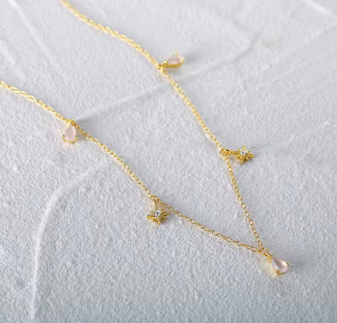 Light pink water drop and white crystal star gold necklace