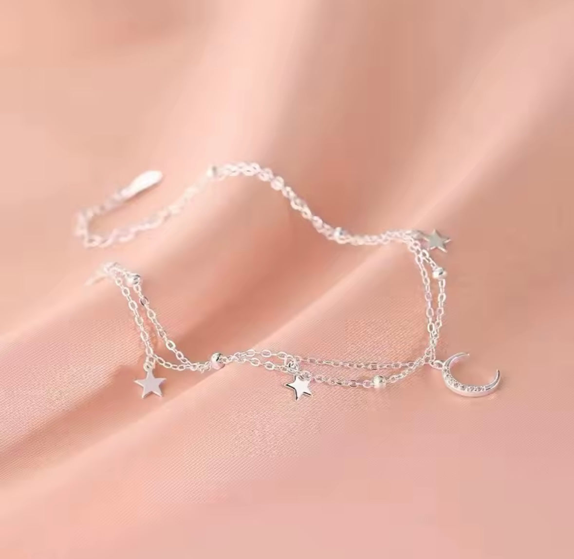 Silver star and moon balled chain bracelet