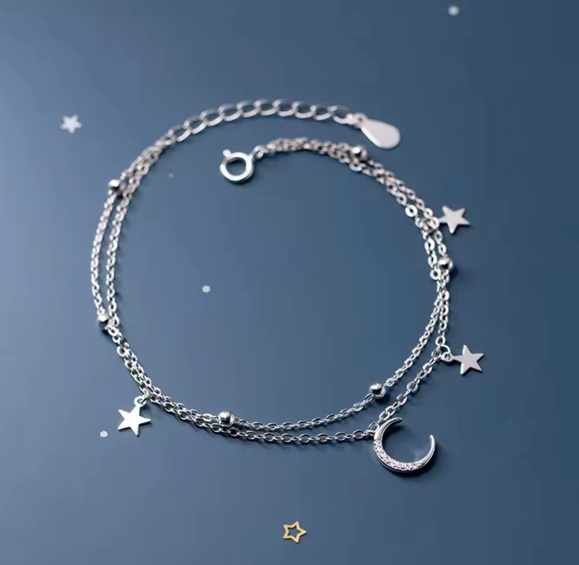 Silver star and moon balled chain bracelet