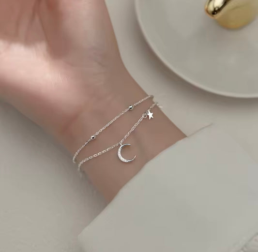 Silver star and moon balled chain bracelet