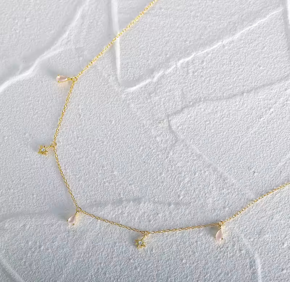 Light pink water drop and white crystal star gold necklace